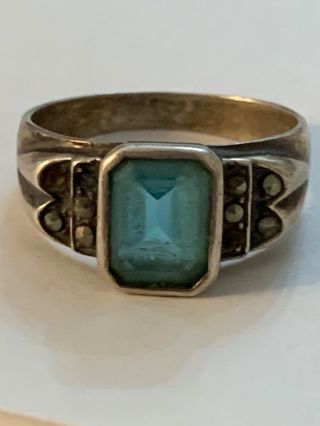 Vtg Art Deco Sterling Silver 925 Blue Topaz Stone Marcasite Ring Sz 8