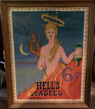 Large Vintage Hell’s Angels Biker Folk Art Painting Nude Harley 70s Stamp