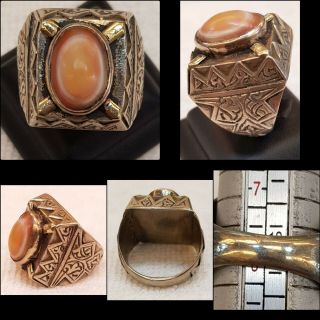 Ancient Protection Goat Eyes Agate Stone With Wonderful Old Antique Silver Ring
