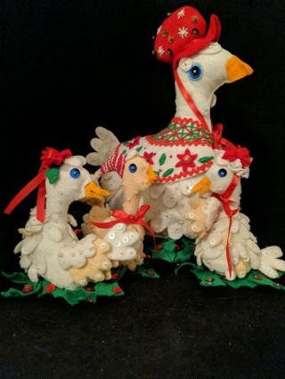 Vintage Stuffed Christmas Goose With 3 Babies Felt Handmade Embroidery Sequins