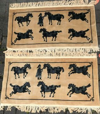 Chinese Rugs.  Blue On Cream.  Figure With Six Horses.  3 