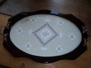 Vintage Wooden Serving Tray Handmade Lefkara Lace Embroidery Panel Cyprus.