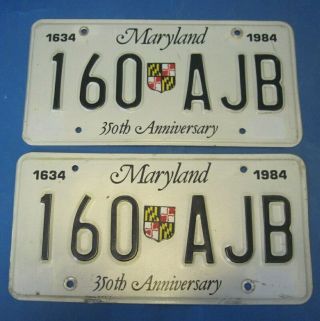 1984 Maryland License Plates Matched Pair 350th Anniversary