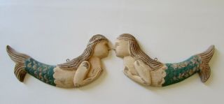 Hand Carved Wood Blue Angel Mermaids Wall Hanging Plaques Set 2