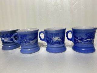 4 Currier And Ives Coffee Mugs Cups Homestead Winter Series Blue & White Vintage