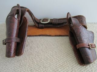 Antique Vintage Double Western Cowboy Gun Holster / Rig Hand Tooled Leather