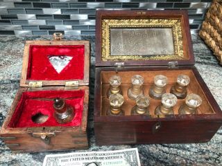 Antique Wood Brass Perfume Oil Scent Box Glass Handcut Bottle Old Mirror Vintage