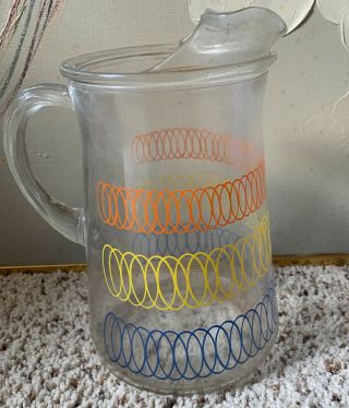 Vintage Clear Glass Pitcher With Retro Colored Spirals