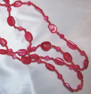 Vintage 48 Inch Bright Pink Red Molded Glass Bead Flapper Length Necklace