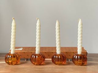 Pumpkin Glass Taper Candle Holders Fall Thanksgiving W/ Vintage Taper Candles
