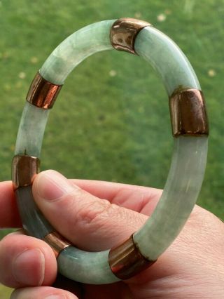 Chinese Antique Natural Icy Green Lavender Jade Bangle Bracelet with Gold Mounts 2