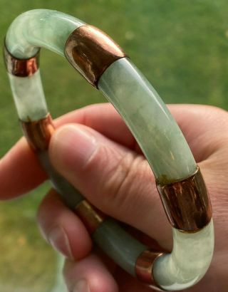 Chinese Antique Natural Icy Green Lavender Jade Bangle Bracelet with Gold Mounts 3