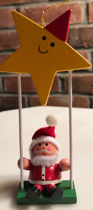 Vintage Avon Ornament Wooden Santa On Swing With Star 4 3/4 "