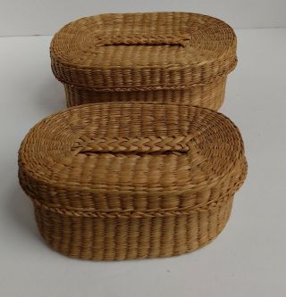 Set Of Two 2 Vintage Small Woven Oval Baskets With Lid Tiny Weave,