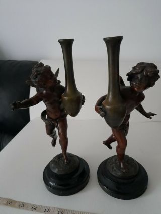 Antique Signed Auguste Moreau Bronze Patinated Spelter Putti Spill Vases