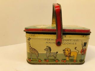 Vintage Tin,  Iten Biscuit Co.  Animal Cookies W Handle And Hinged Lid