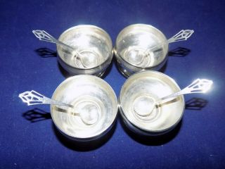 Antique Art Deco Sterling Silver Salt Cellars W/ Spoons Set Of 4