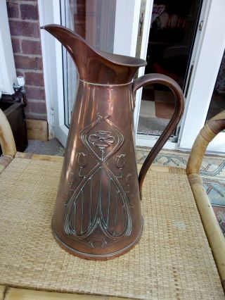 Antique Art Nouveau Solid Copper Jug 4 Pint,  By J Sankey England Tulips