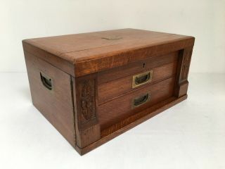 Antique Edwardian Oak Wood & Brass Wellington Campaign Style Canteen Box
