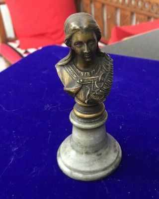 Antique Vintage Desk Bronze Sculpture Young Girl Woman Signed Marble Pen Quill
