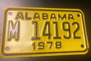 Yellow 1978 Alabama Motorcycle License Plate Tag M 14192 Color