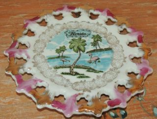 Vintage Florida Gf Ceramic Japan Souvenir Plate 9 " Palm Trees Flamingo Ocean 7 "