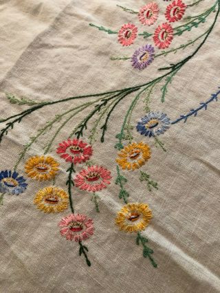 Vintage Hand Embroidered Floral Tablecloth With Crocheted Edge 62” X 50”