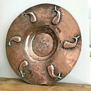 Arts & Crafts hammered copper dish,  stylised whale motifs in the Newlyn style 2