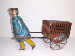 ANTIQUE LEHMANN WIND UP TOY - EXPRESS PORTER - 1900S - ORIG PATINA - PAINT - GERMANY - 12 2