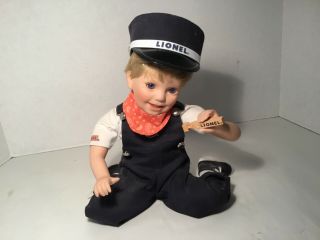 Vintage Porcelain Lionel Railroad Boy Doll With Whistle & Hat 10” Tall