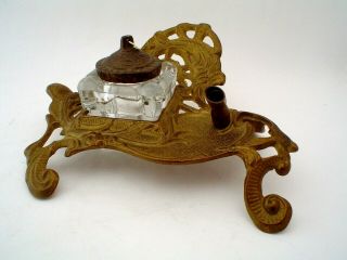 Vintage Ornate Brass Inkwell And Pen Stand