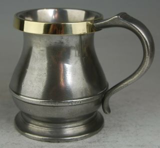 Heavy Antique Brass Rimmed Pewter Pint Tankard Mug Measure By Blake C1900