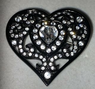 Vintage Signed Monet Heart Brooch Pin Black Tone Crystal Clear Rhinestone Estate