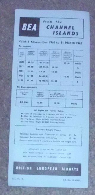 Airline Timetable.  1961/62 Bea To And From The Channel Islands British European