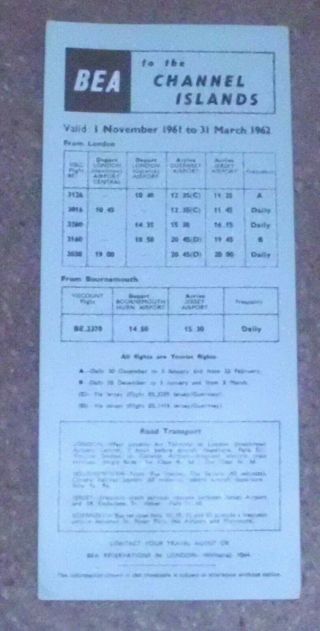 Airline Timetable.  1961/62 BEA To and from the Channel Islands British European 2