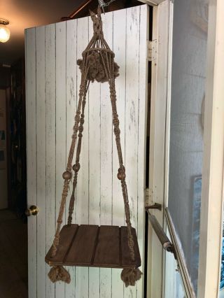 Vintage Macrame Plant Hanger With Wood Table Brown 42 " Long