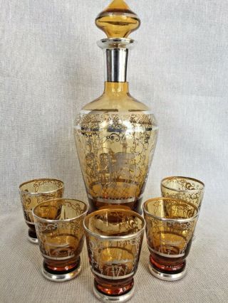 Antique Amber Venetian Winged Lion Glass Silver Overlay Decanter & Glasses Set