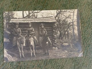 Vintage 1910s Real Photo Postcard 3 Women On Mules By Log Cabin