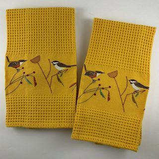 Set Of 2 Vintage Gold Colored Cotton Tea Kitchen Dish Towels Birds 16 " X25 "