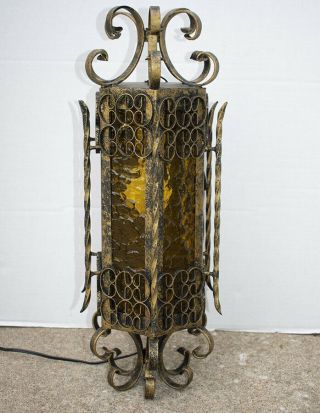 Vintage Spanish Revival Wall Sconce Light Iron Amber Glass Panel Scrolls Gothic
