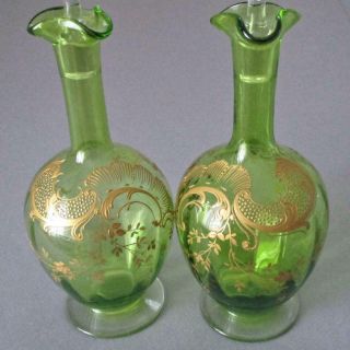 Pr Antique Fine Moser Glass Decanters Ornate Enamel Gilt Paste Scrolls Flowers