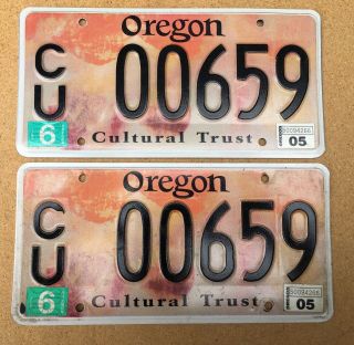 Oregon Cultural Trust License Plate Pair - Cu 00659 - June 2005 Tag