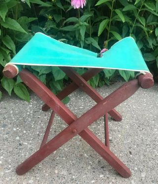 Vtg Folding Stool Camp Fishing Chair Green Canvas & Wood Large 14” Seat