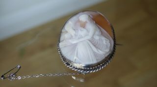 Antique Cornelian Shell Carved Cameo Of Hebe Feeding Zeus,  Large 2” Silver Frame