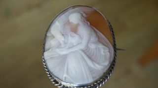 Antique Cornelian Shell Carved Cameo of Hebe Feeding Zeus,  Large 2” SILVER frame 2