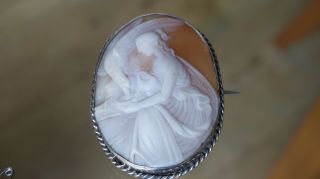 Antique Cornelian Shell Carved Cameo of Hebe Feeding Zeus,  Large 2” SILVER frame 3