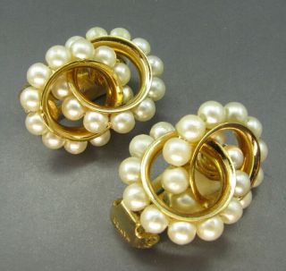 Napier Vintage White Faux Pearl Earrings Clip On Style Gold Tone Double Circle