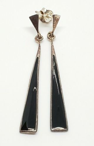 Ornate Vintage Signed 925 Sterling Silver Black Enamel Modernist Dangle Earrings