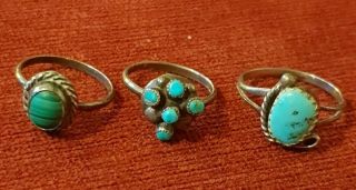 3 Small Vintage Sterling Silver Turquoise Malachite Rings Sizes 3 4 And 6