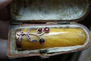 Antique Amber Cigarette / Cheroot Holder 9ct Gold Casing With Garnets Decoration